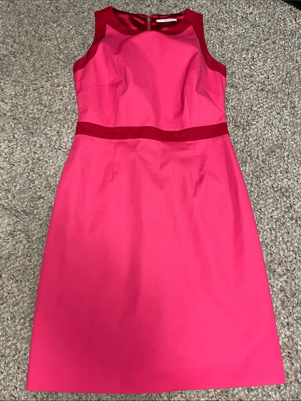Tahari Sleeveless Pink Sheath Dress with red Trim and exposed zip back